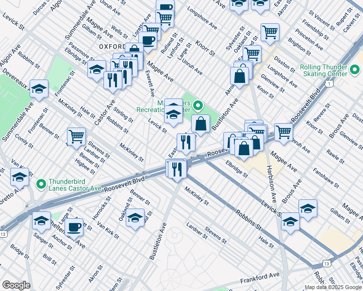 map of restaurants, bars, coffee shops, grocery stores, and more near 6354 Eastwood Street in Philadelphia