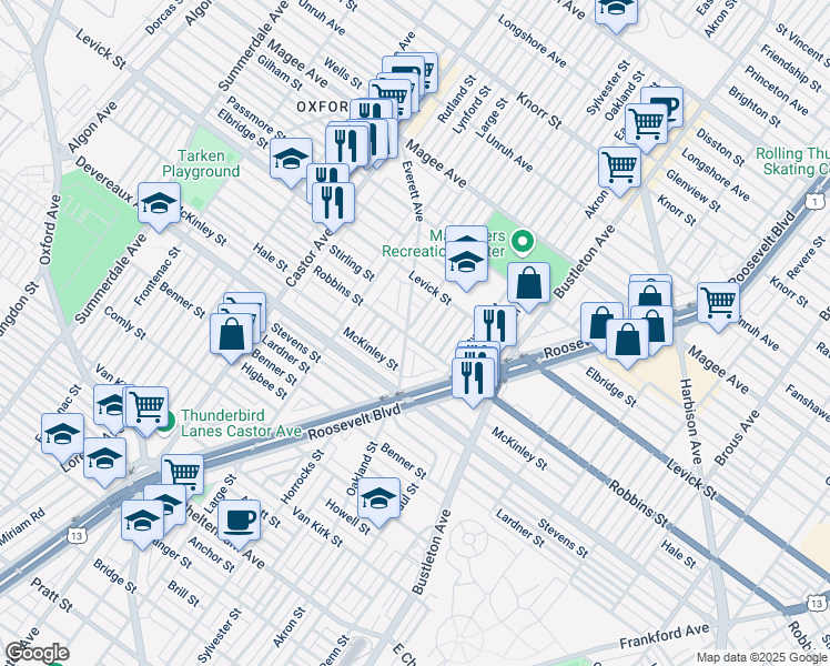 map of restaurants, bars, coffee shops, grocery stores, and more near 1545 Robbins Street in Philadelphia