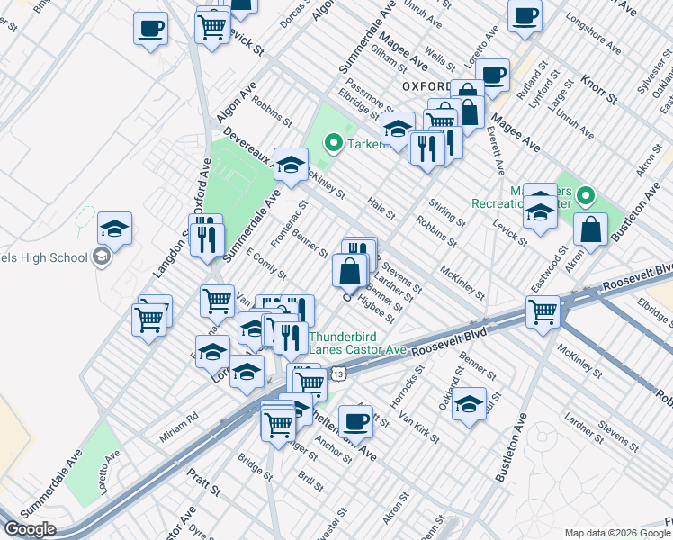 map of restaurants, bars, coffee shops, grocery stores, and more near 6065 Loretto Avenue in Philadelphia