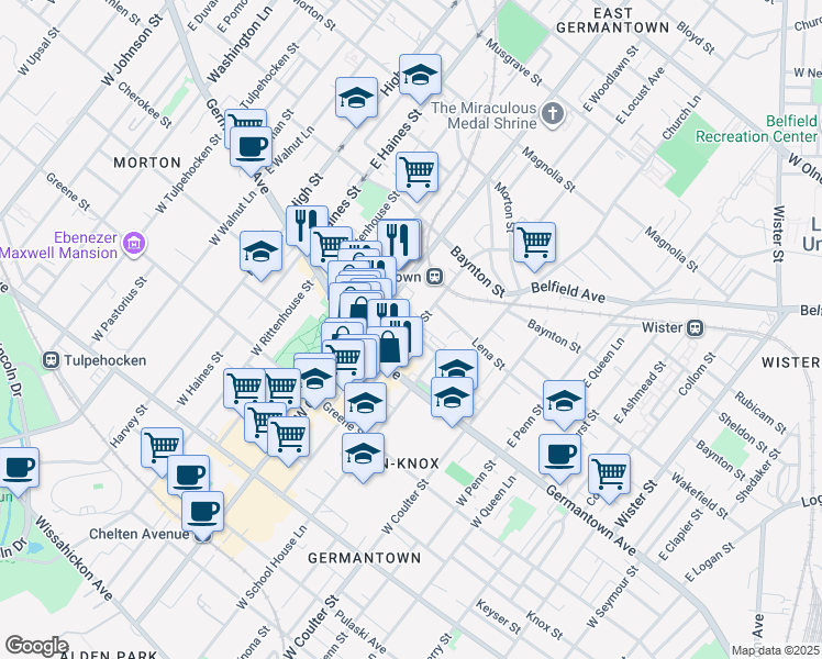 map of restaurants, bars, coffee shops, grocery stores, and more near 57 East Armat Street in Philadelphia