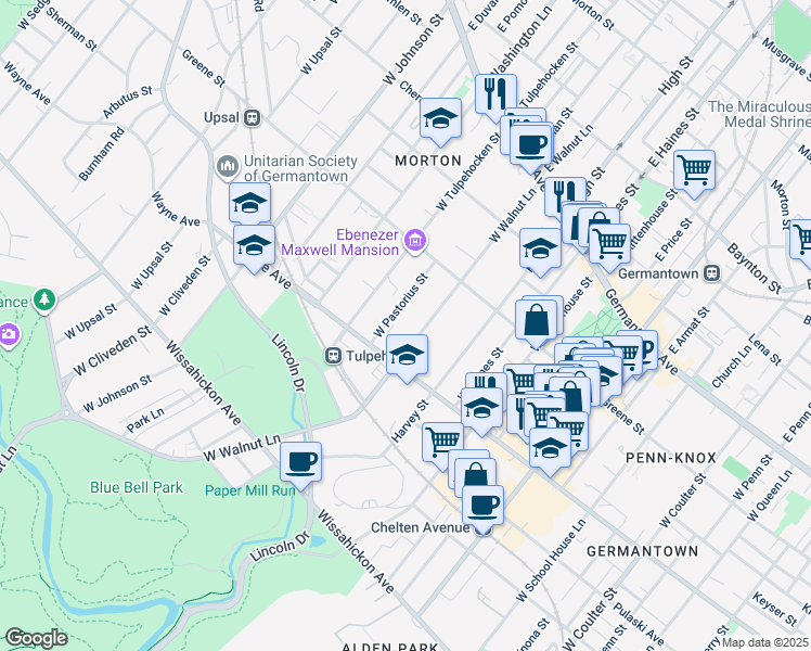 map of restaurants, bars, coffee shops, grocery stores, and more near 261 West Pastorius Street in Philadelphia