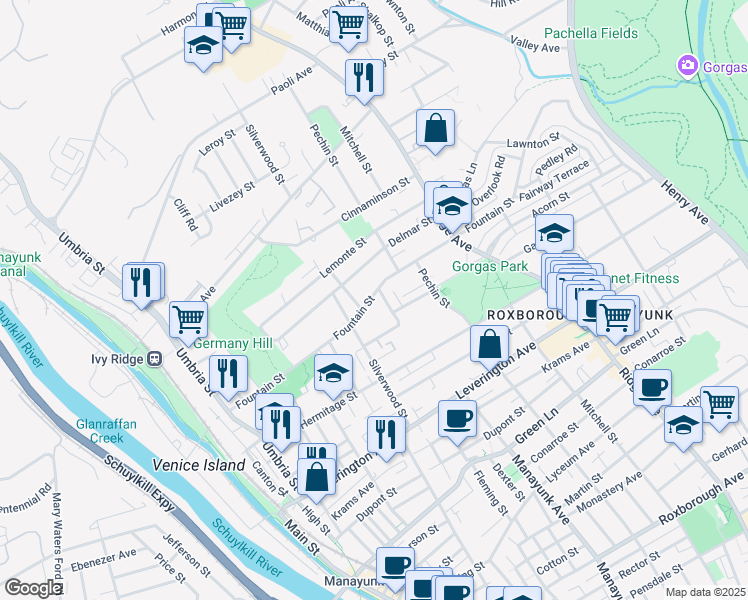 map of restaurants, bars, coffee shops, grocery stores, and more near 280 Fountain Street in Philadelphia