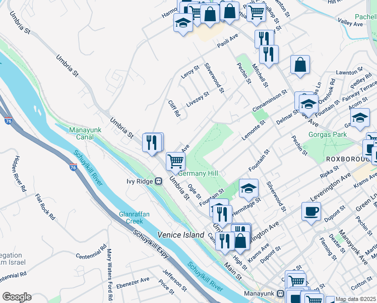 map of restaurants, bars, coffee shops, grocery stores, and more near 205 Parker Avenue in Philadelphia