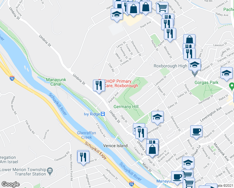 map of restaurants, bars, coffee shops, grocery stores, and more near 100 Parker Avenue in Philadelphia