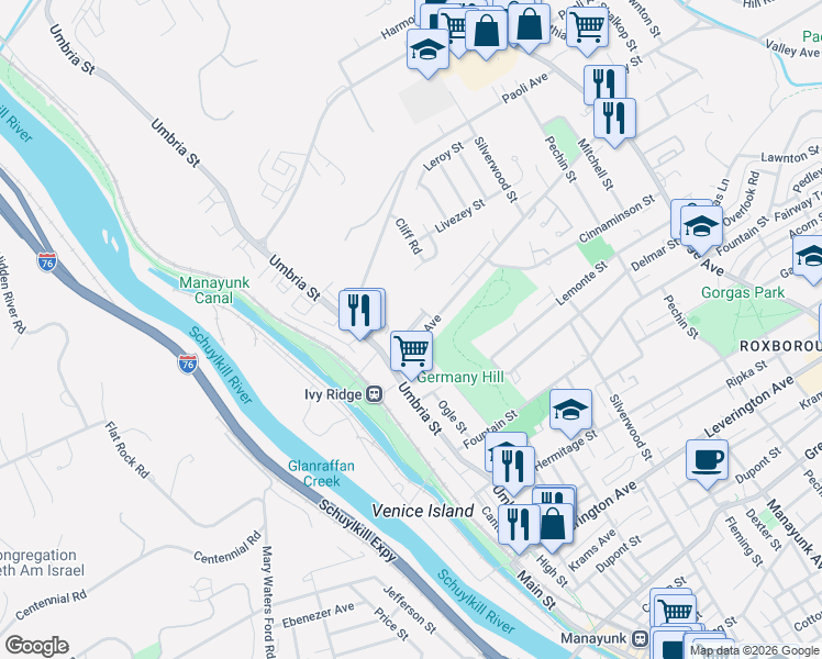 map of restaurants, bars, coffee shops, grocery stores, and more near 100 Parker Avenue in Philadelphia