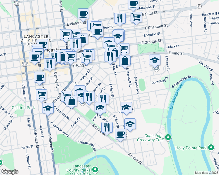 map of restaurants, bars, coffee shops, grocery stores, and more near 37 Green Street in Lancaster
