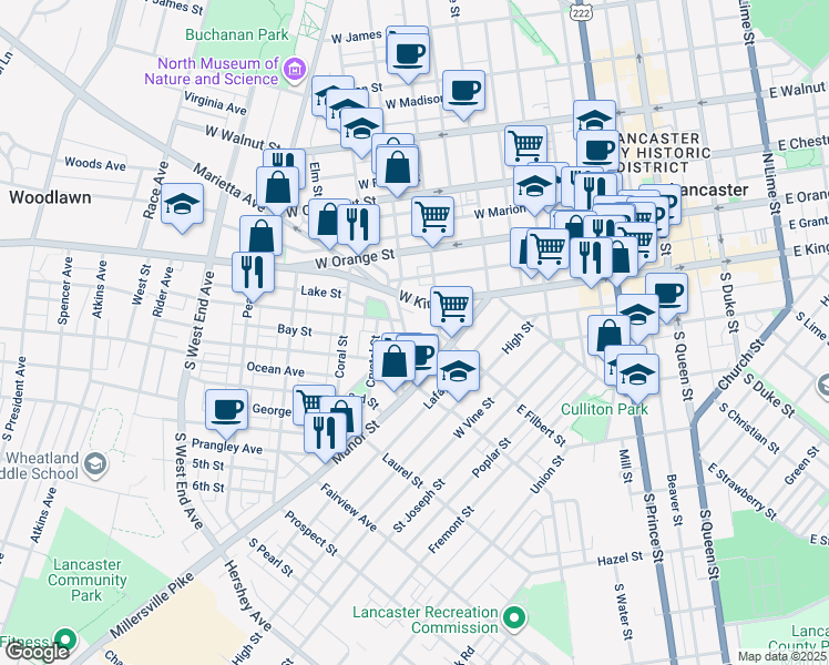 map of restaurants, bars, coffee shops, grocery stores, and more near 33 Old Dorwart Street in Lancaster