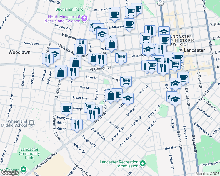 map of restaurants, bars, coffee shops, grocery stores, and more near 534 1st Street in Lancaster