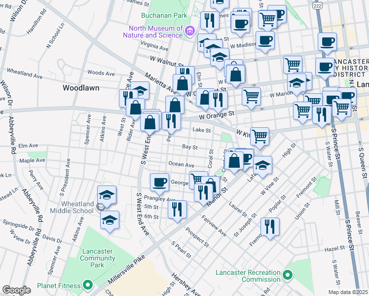 map of restaurants, bars, coffee shops, grocery stores, and more near 107 Ruby Street in Lancaster