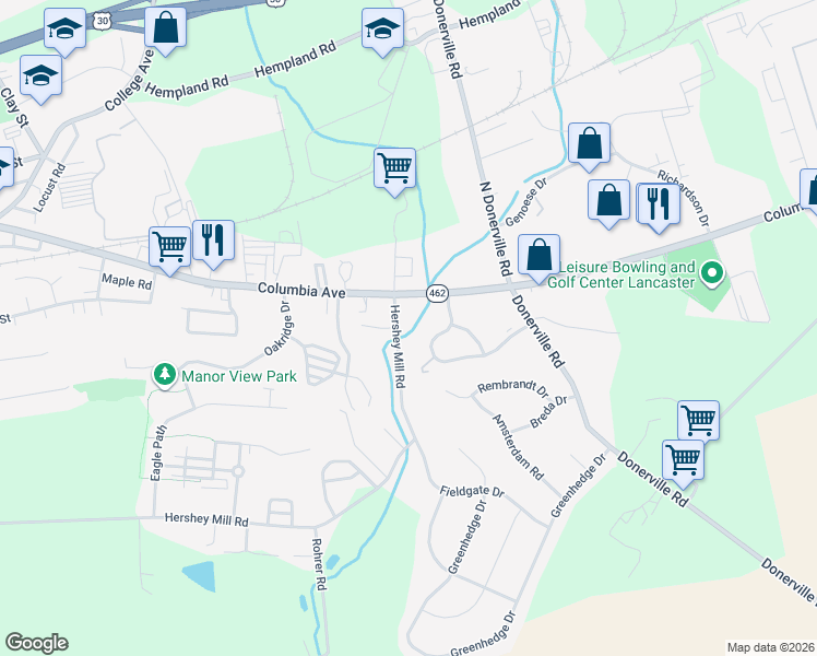 map of restaurants, bars, coffee shops, grocery stores, and more near 3754 Columbia Avenue in Mountville