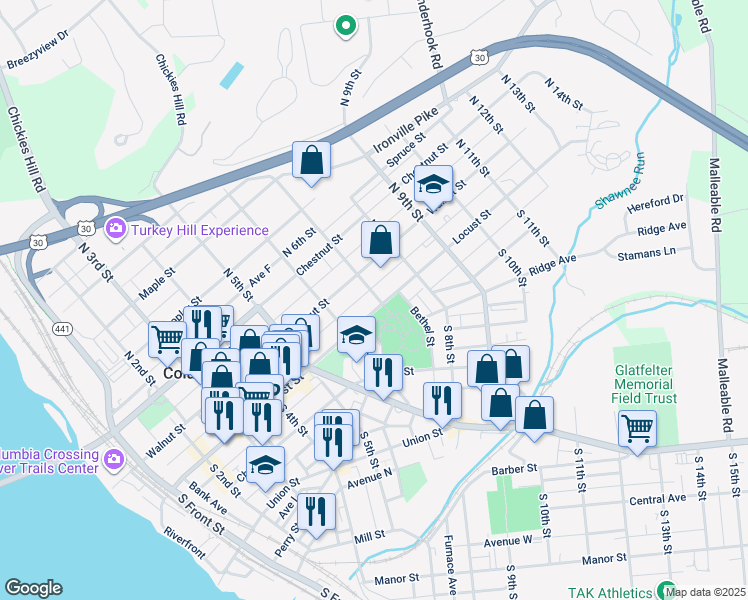 map of restaurants, bars, coffee shops, grocery stores, and more near 29 North 7th Street in Columbia