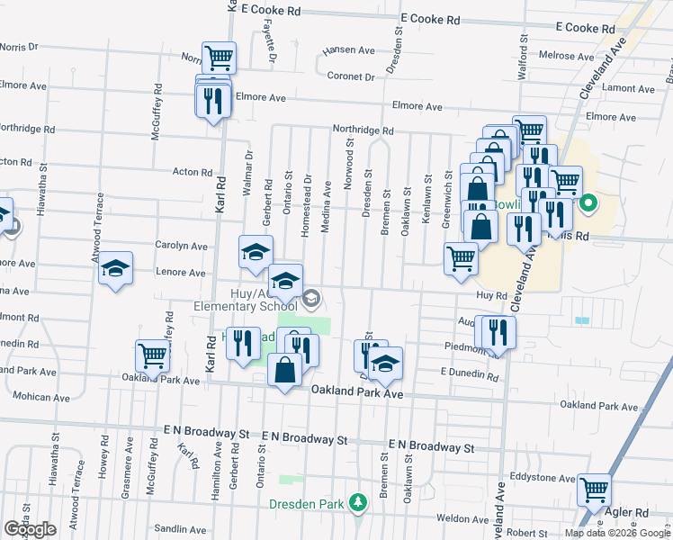 map of restaurants, bars, coffee shops, grocery stores, and more near 3414 Medina Avenue in Columbus