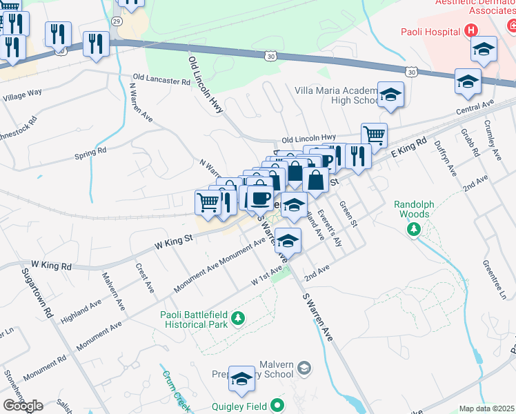 map of restaurants, bars, coffee shops, grocery stores, and more near 1 North Warren Avenue in Malvern