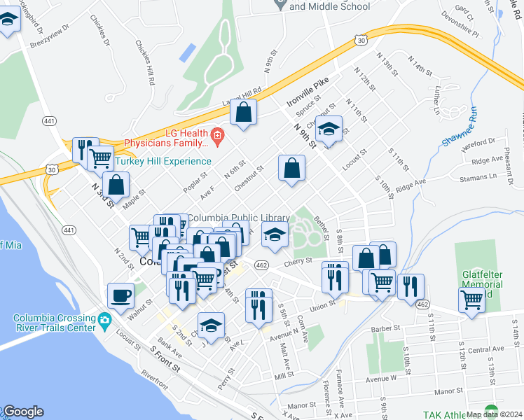 map of restaurants, bars, coffee shops, grocery stores, and more near 618 Walnut Street in Columbia