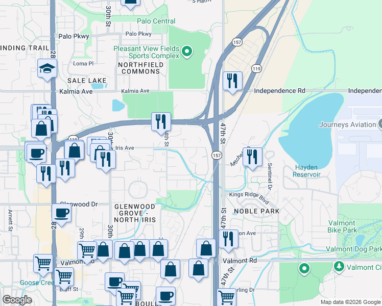 map of restaurants, bars, coffee shops, grocery stores, and more near 3673 Iris Avenue in Boulder