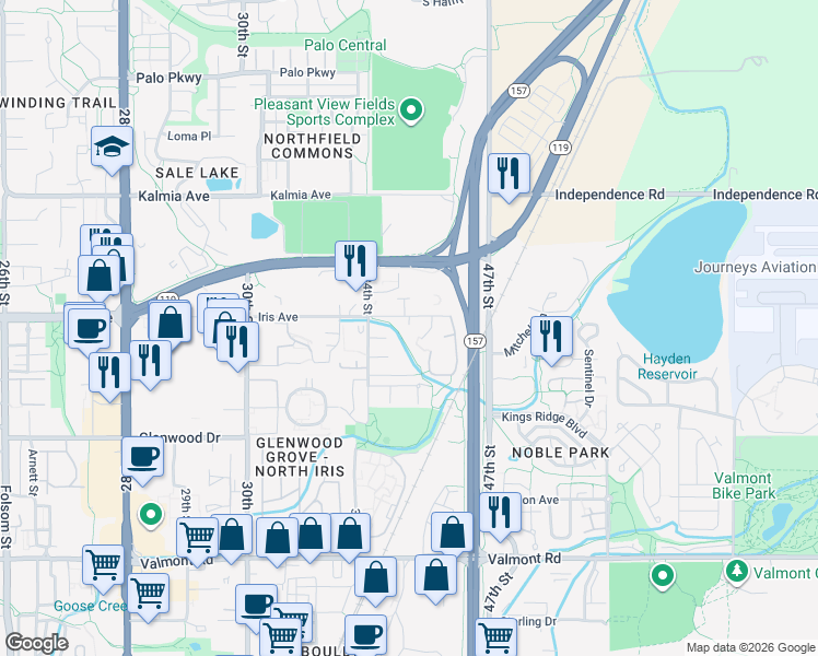 map of restaurants, bars, coffee shops, grocery stores, and more near 3673 Iris Avenue in Boulder