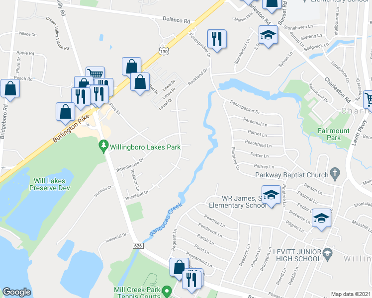 map of restaurants, bars, coffee shops, grocery stores, and more near 29 Roxborough Place in Willingboro