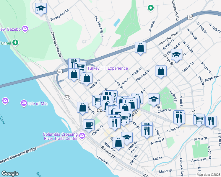 map of restaurants, bars, coffee shops, grocery stores, and more near 419 Poplar Street in Columbia