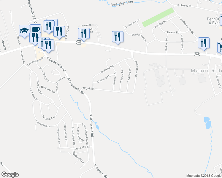 map of restaurants, bars, coffee shops, grocery stores, and more near 124 Shannon Drive in Lancaster