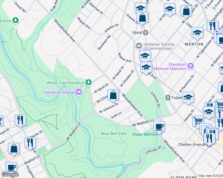 map of restaurants, bars, coffee shops, grocery stores, and more near 1005 West Cliveden Street in Philadelphia