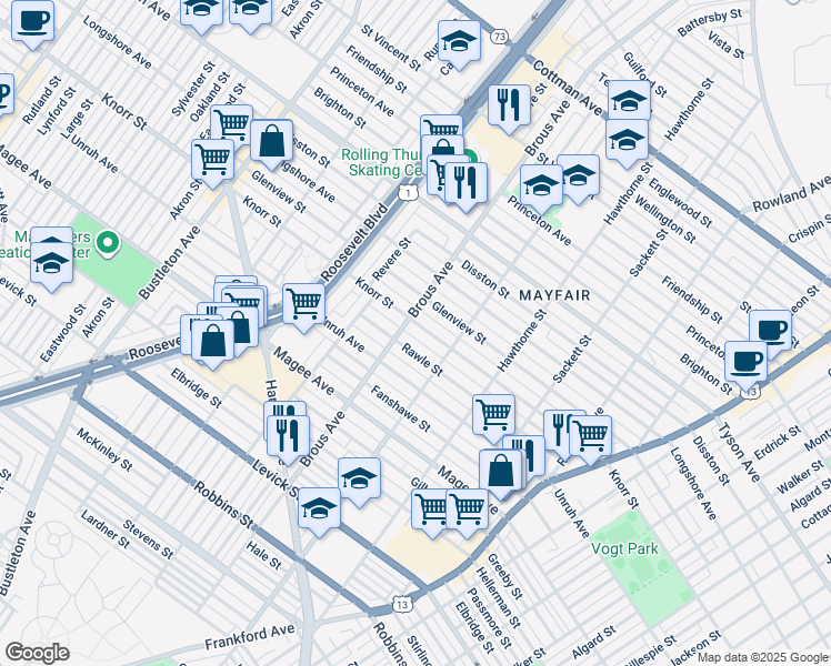 map of restaurants, bars, coffee shops, grocery stores, and more near 2910 Knorr Street in Philadelphia