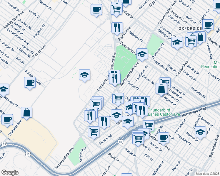 map of restaurants, bars, coffee shops, grocery stores, and more near 1038 Van Kirk Street in Philadelphia