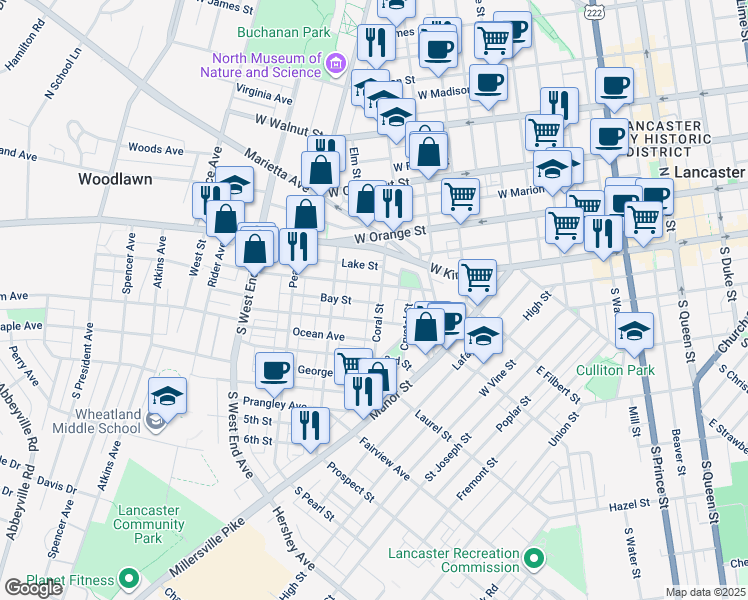 map of restaurants, bars, coffee shops, grocery stores, and more near 120 Coral Street in Lancaster