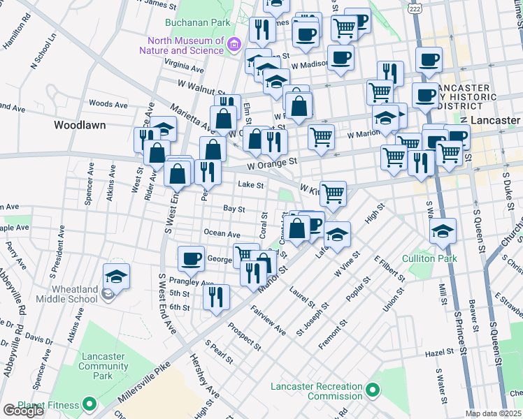 map of restaurants, bars, coffee shops, grocery stores, and more near 120 Coral Street in Lancaster