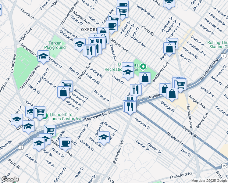 map of restaurants, bars, coffee shops, grocery stores, and more near 1545 Robbins Street in Philadelphia
