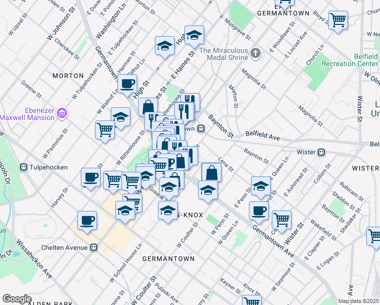 map of restaurants, bars, coffee shops, grocery stores, and more near 57 East Armat Street in Philadelphia