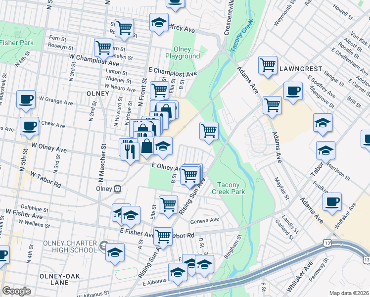 map of restaurants, bars, coffee shops, grocery stores, and more near 5652 Ormes Street in Philadelphia