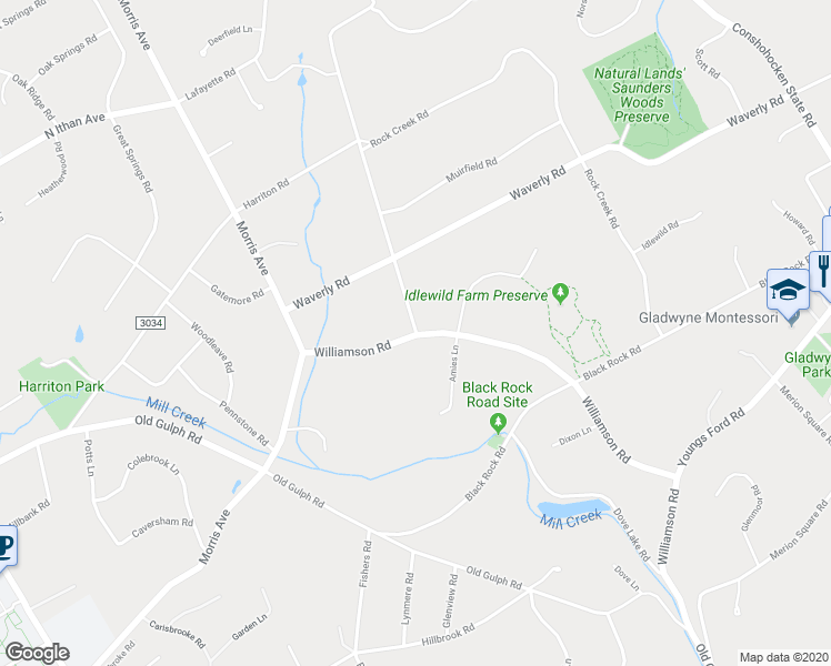 map of restaurants, bars, coffee shops, grocery stores, and more near 676 Mount Pleasant Road in Bryn Mawr