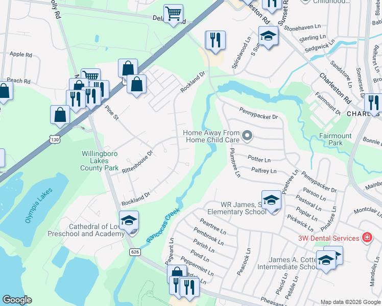 map of restaurants, bars, coffee shops, grocery stores, and more near 11 Roxborough Place in Willingboro