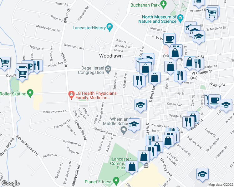map of restaurants, bars, coffee shops, grocery stores, and more near 1009 Elm Avenue in Lancaster