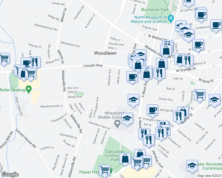 map of restaurants, bars, coffee shops, grocery stores, and more near 1011 Elm Avenue in Lancaster