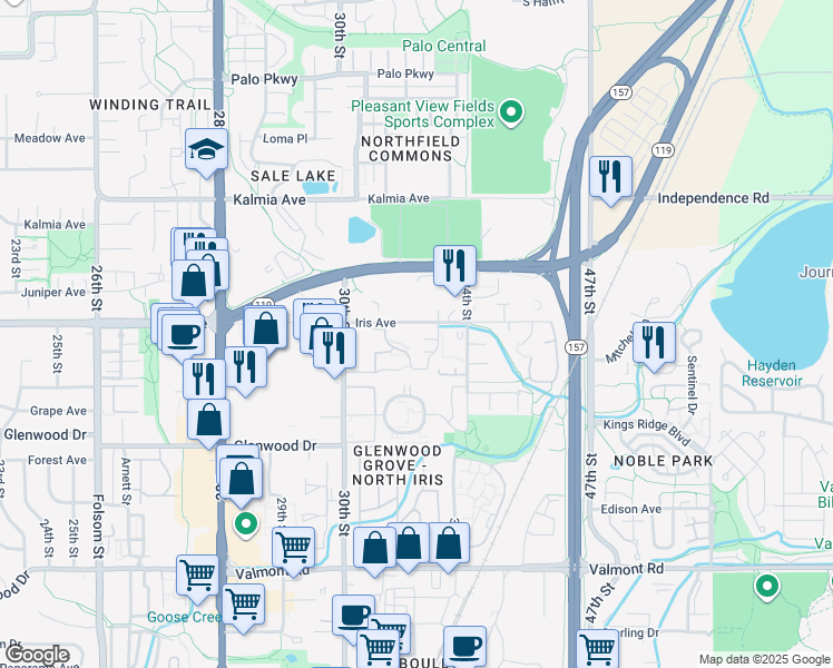 map of restaurants, bars, coffee shops, grocery stores, and more near 3240 Iris Avenue in Boulder