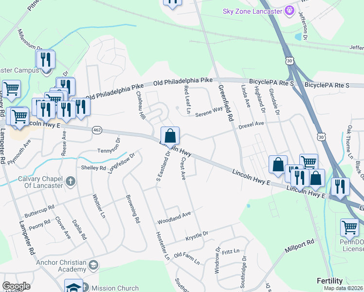 map of restaurants, bars, coffee shops, grocery stores, and more near 25 North Eastland Drive in Lancaster