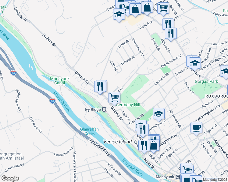 map of restaurants, bars, coffee shops, grocery stores, and more near 100 Parker Avenue in Philadelphia