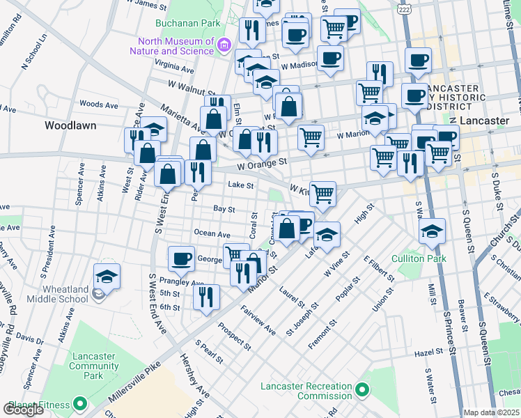 map of restaurants, bars, coffee shops, grocery stores, and more near 113 Coral Street in Lancaster