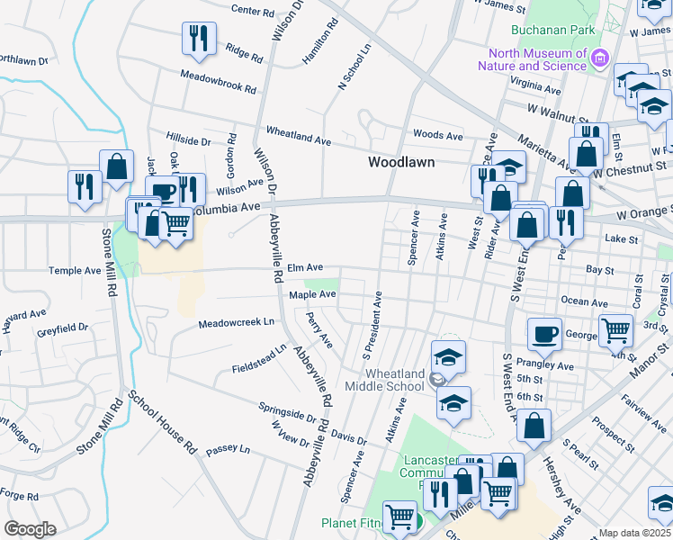 map of restaurants, bars, coffee shops, grocery stores, and more near 1202 Elm Avenue in Lancaster