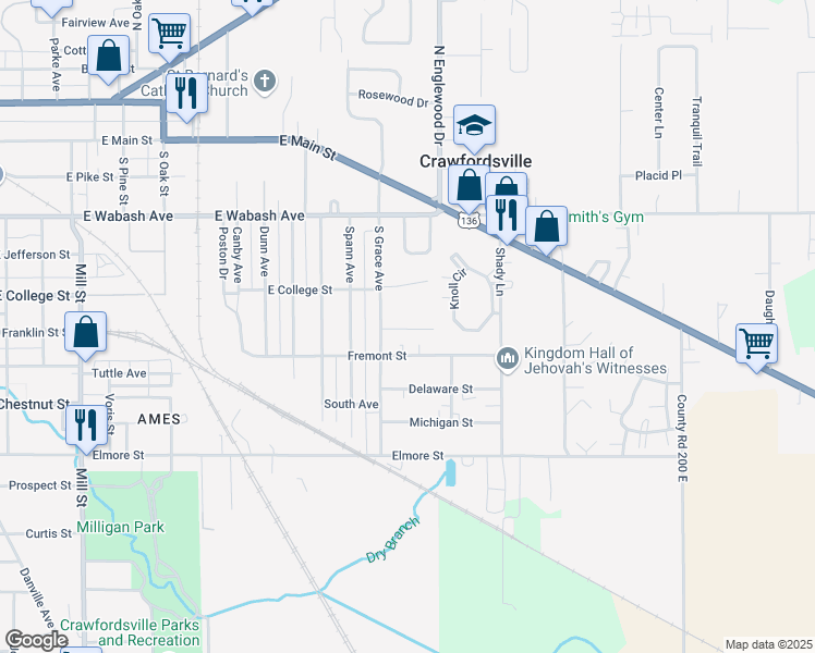 map of restaurants, bars, coffee shops, grocery stores, and more near 1810 Kraig Drive in Crawfordsville