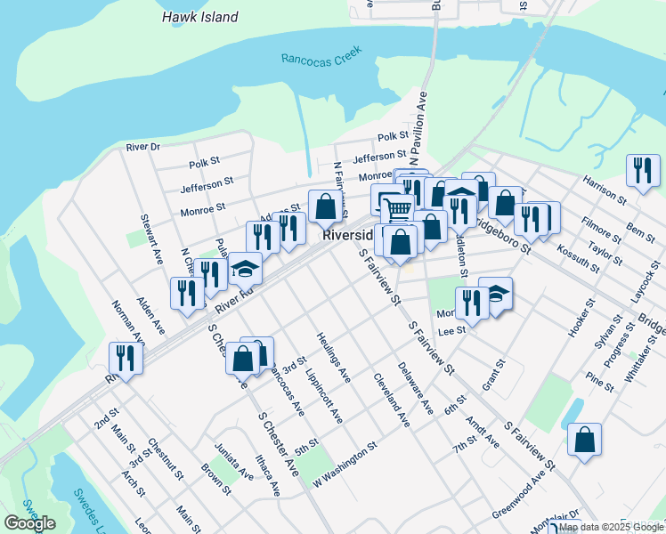 map of restaurants, bars, coffee shops, grocery stores, and more near 114 Delaware Avenue in Riverside