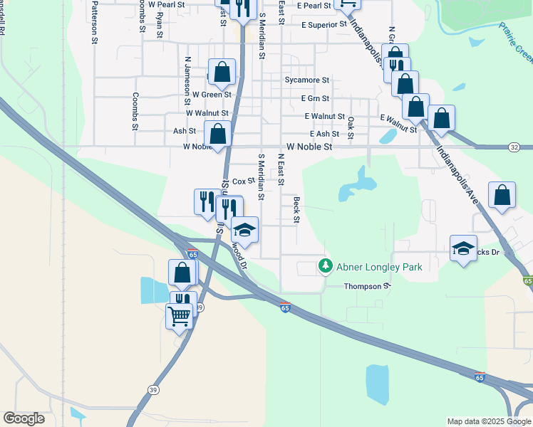 map of restaurants, bars, coffee shops, grocery stores, and more near 1328 South East Street in Lebanon