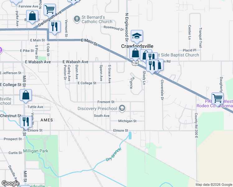map of restaurants, bars, coffee shops, grocery stores, and more near 1810 Kraig Drive in Crawfordsville