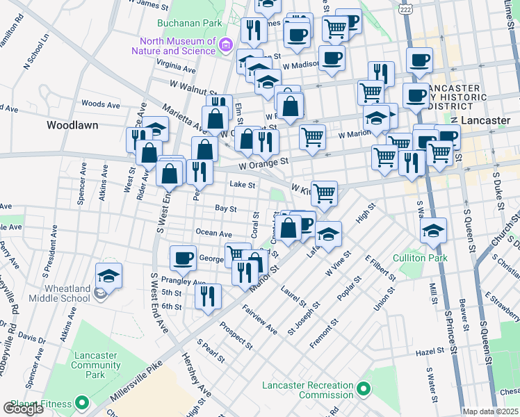 map of restaurants, bars, coffee shops, grocery stores, and more near 113 Coral Street in Lancaster