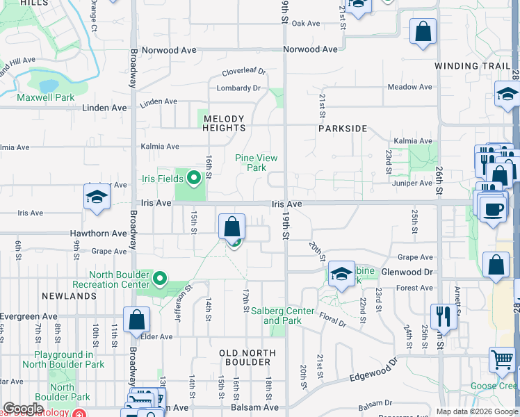 map of restaurants, bars, coffee shops, grocery stores, and more near 1705 Iris Avenue in Boulder