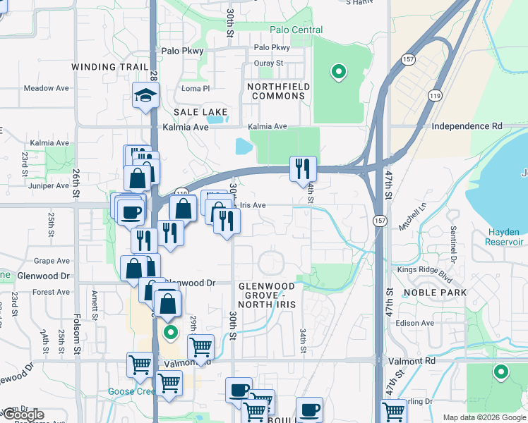 map of restaurants, bars, coffee shops, grocery stores, and more near 3150 Chisholm Trail in Boulder