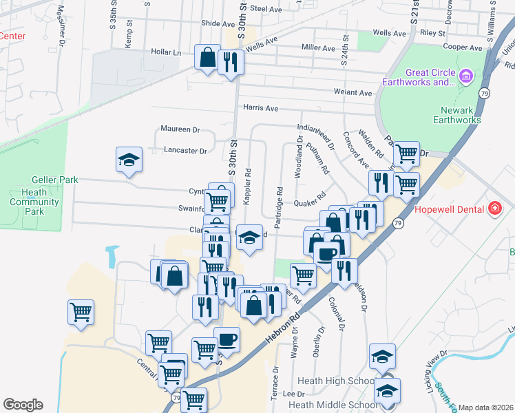 map of restaurants, bars, coffee shops, grocery stores, and more near 580 Kappler Road in Heath
