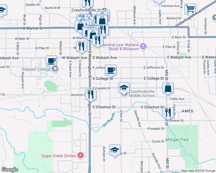 map of restaurants, bars, coffee shops, grocery stores, and more near 514 South Water Street in Crawfordsville