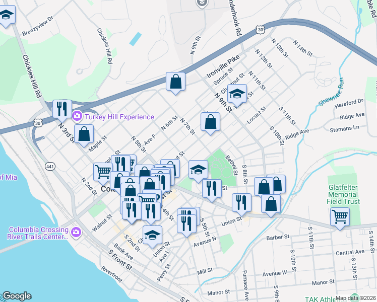map of restaurants, bars, coffee shops, grocery stores, and more near 618 Walnut Street in Columbia